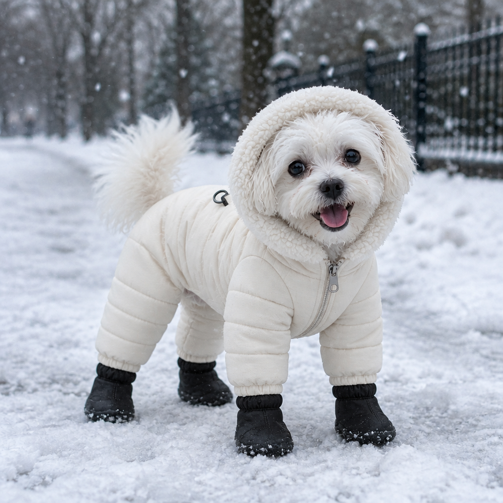 Same Maltese warm and happy in the Cream Furnook Snow Suit