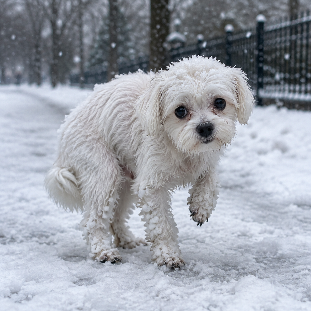 Maltese shivering in the snow without a coat