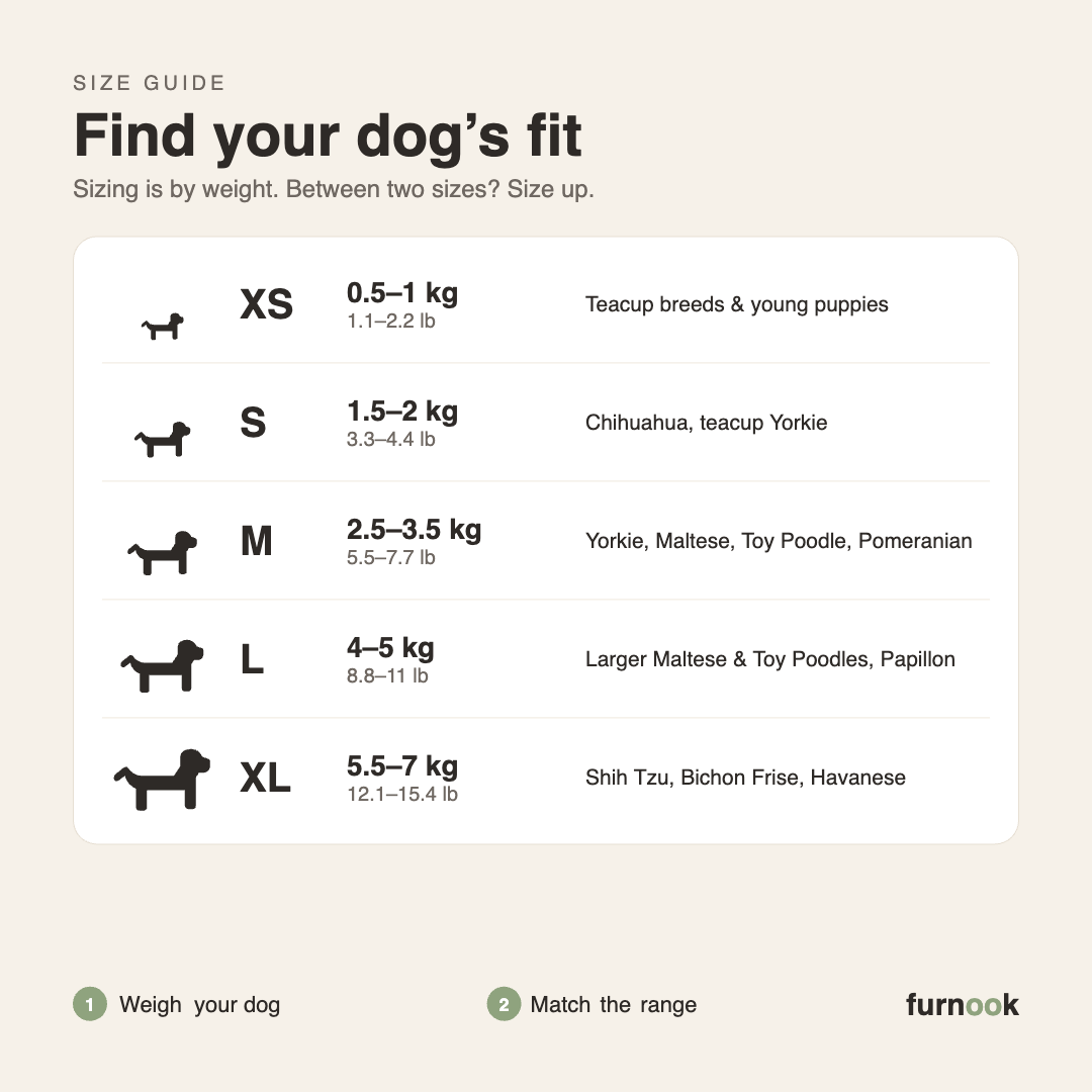 Furnook Snow Suit size chart: XS to XL by weight