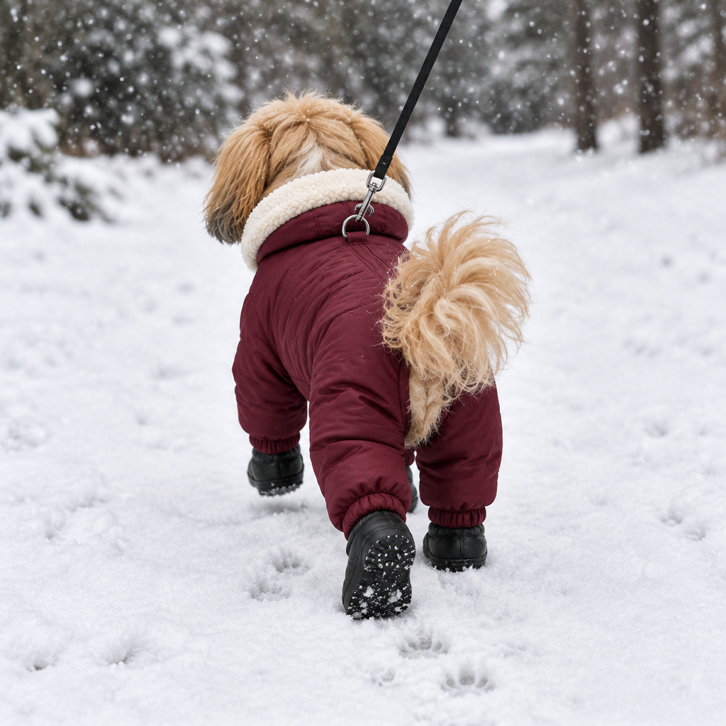 Back view showing the leash ring on the Burgundy Furnook Snow Suit