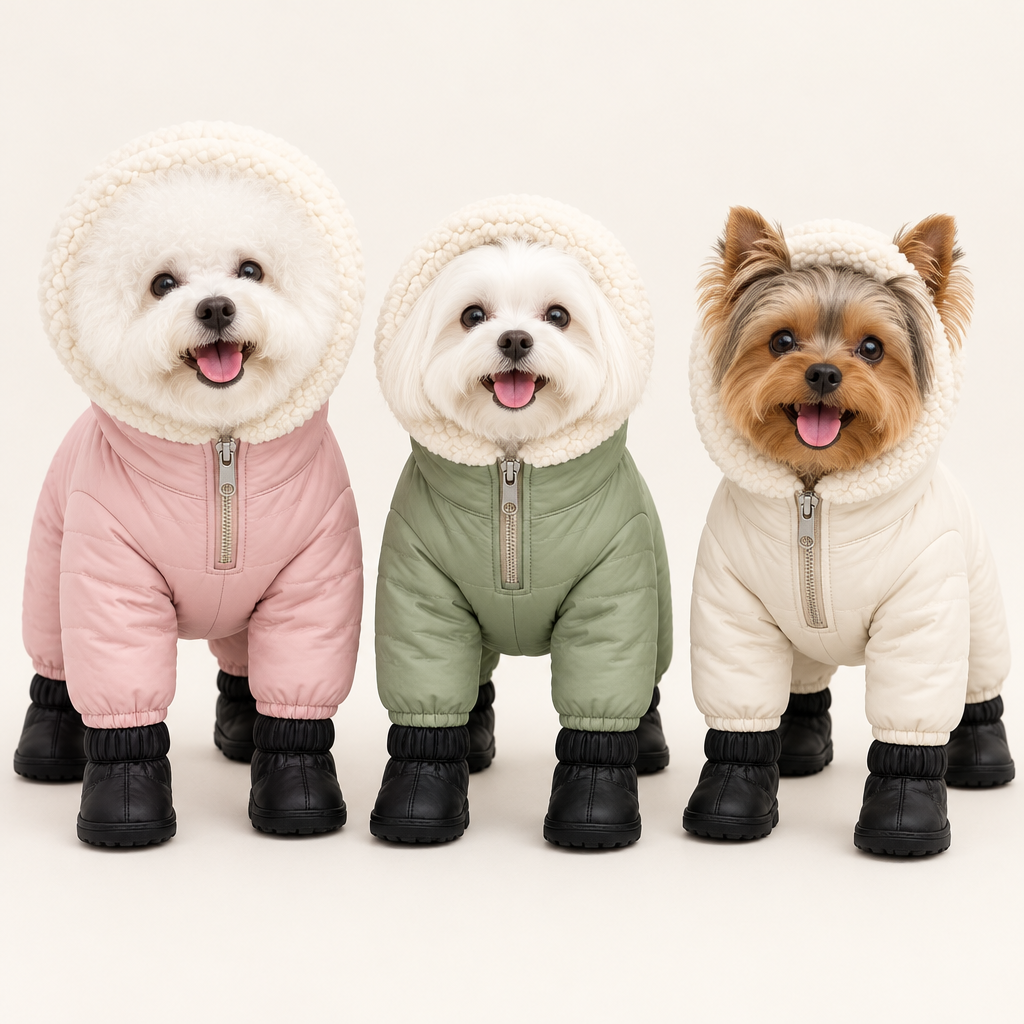 Three dogs in Blush, Sage and Cream Furnook Snow Suits