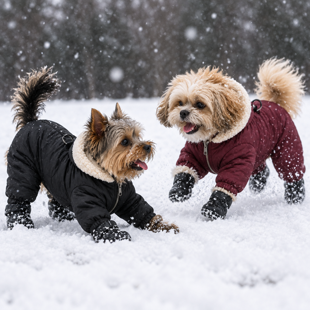 Dogs playing in snow in Black and Burgundy Furnook Snow Suits