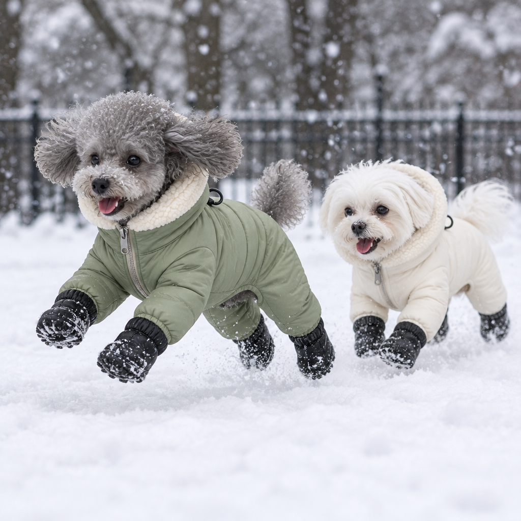 Two dogs playing in the snow in Furnook Snow Suits