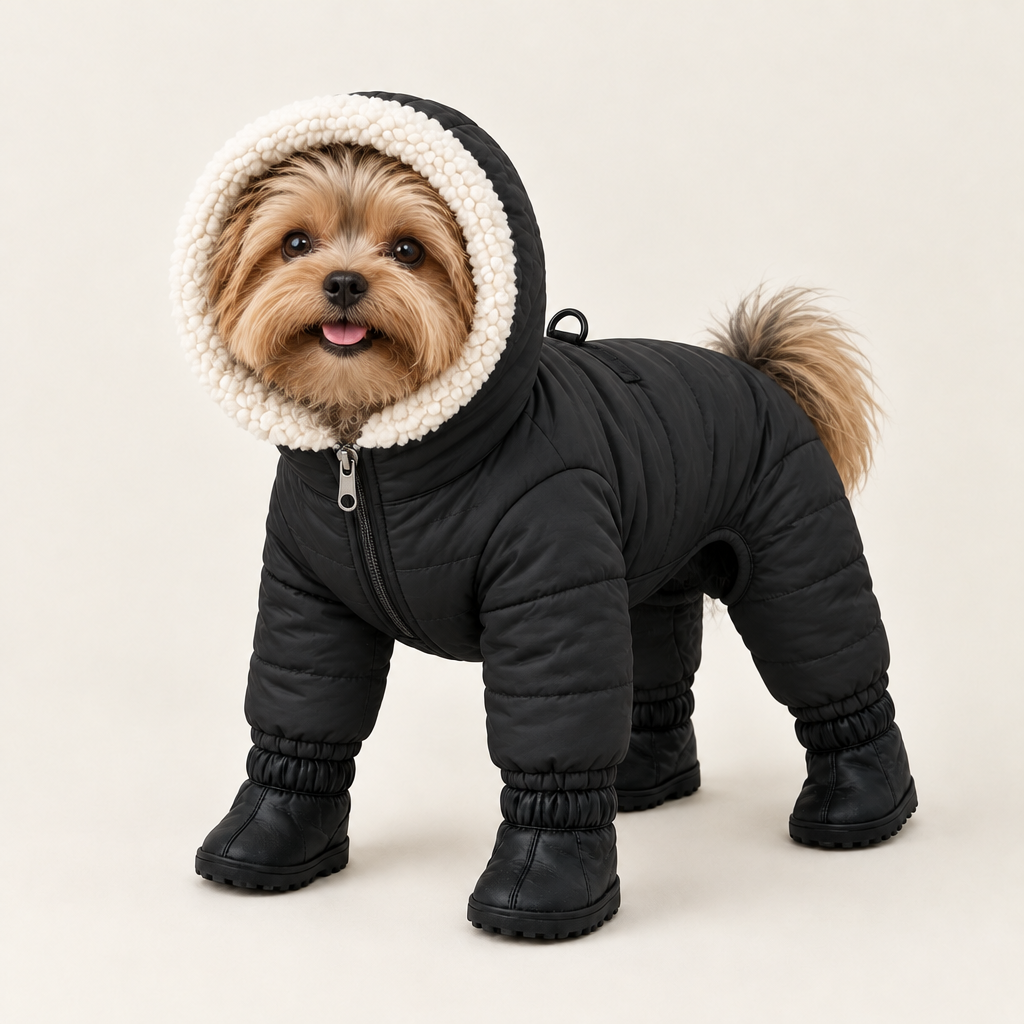 Furnook Snow Suit in Black on a Yorkshire Terrier